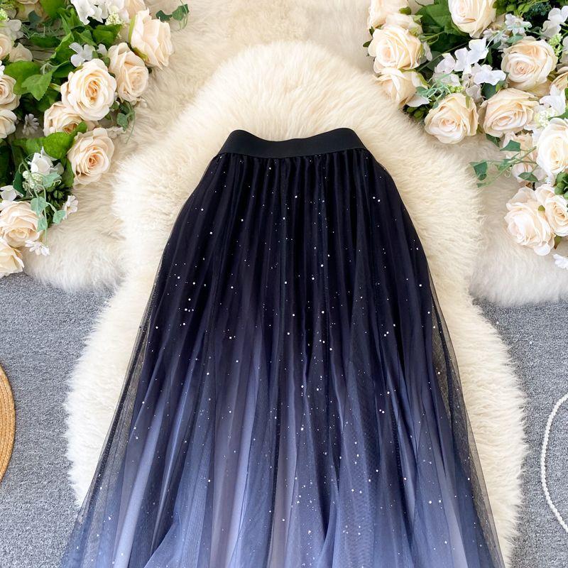 Shiny Sequined Starry Gradient Mesh Skirt High Waist A-line Pleated