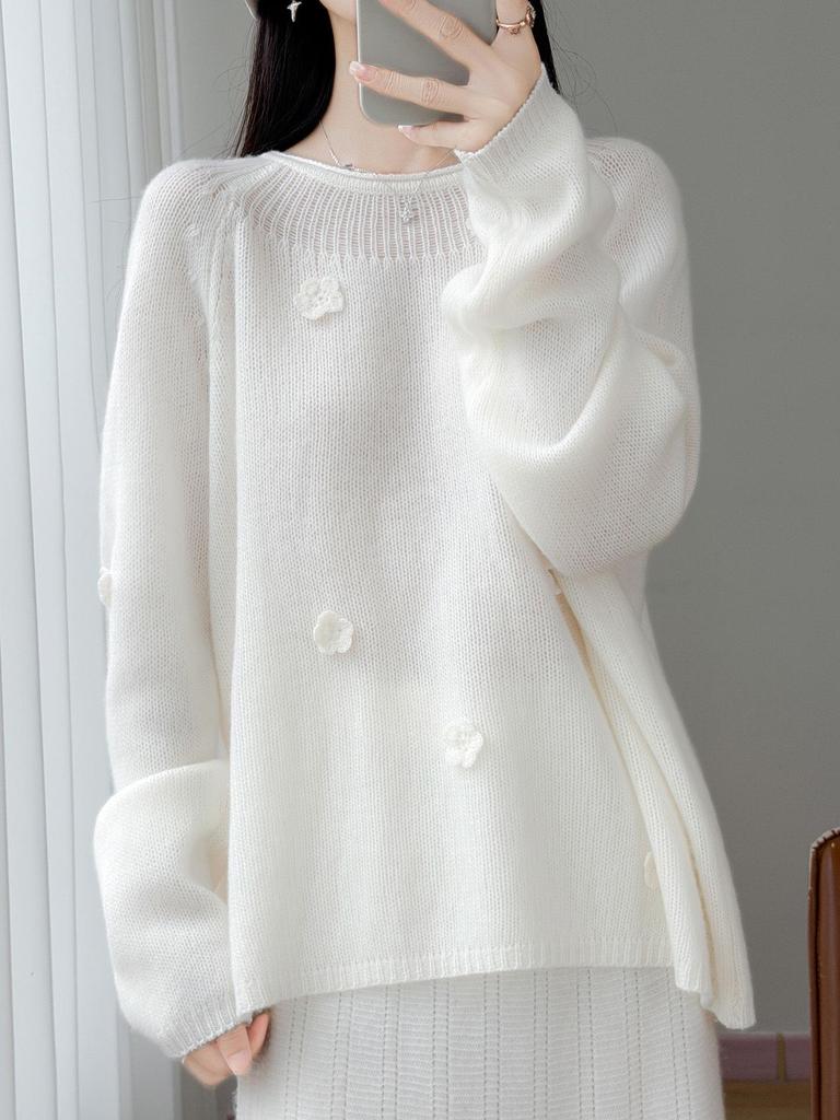 2026 Women's Pure Wool Sweater with 3D Floral Embroidery, Round Neck, Loose Fit, Elegant Knitwear