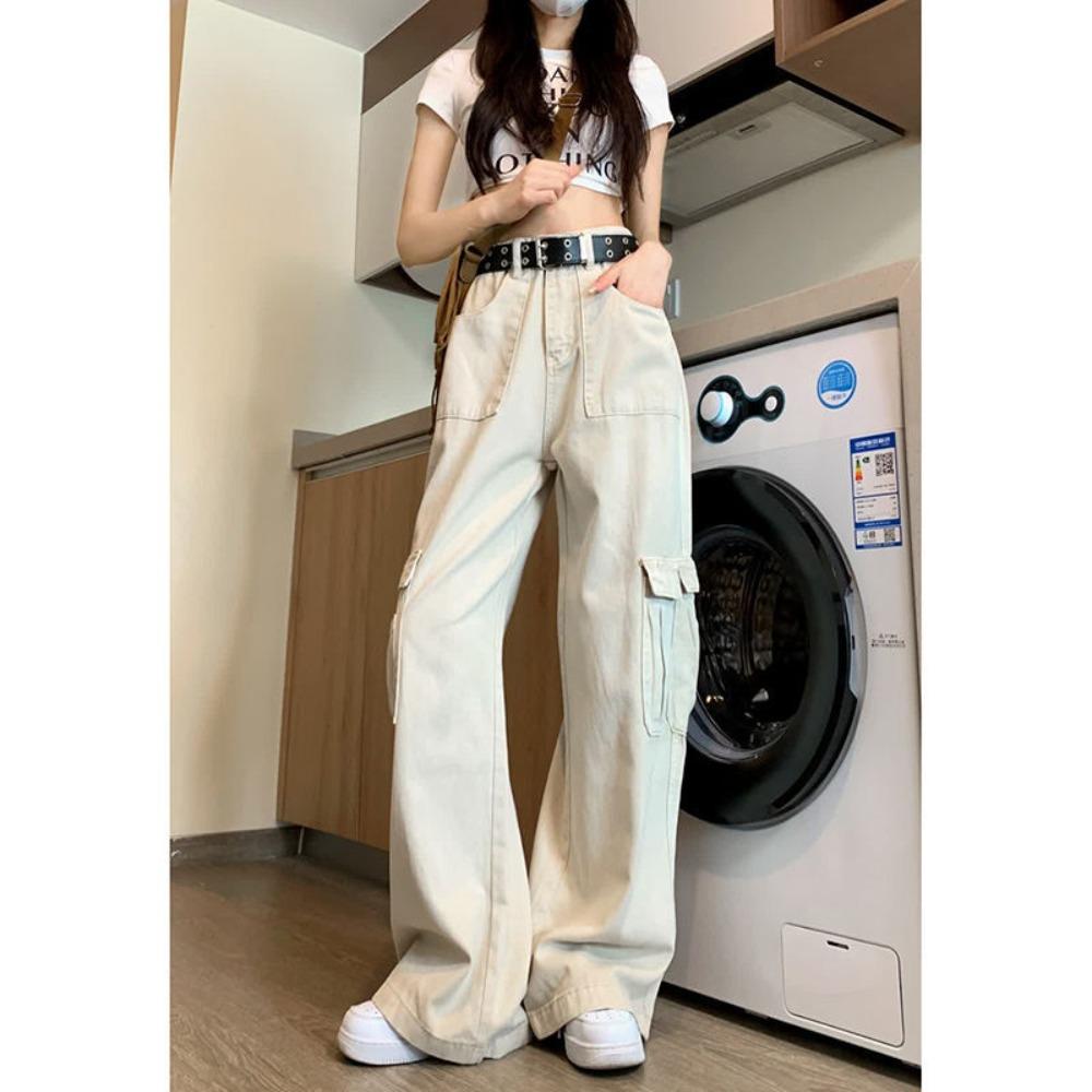 Women's High Waist Multi‑Pocket Cargo Jeans Loose Wide Leg Casual Denim Trousers