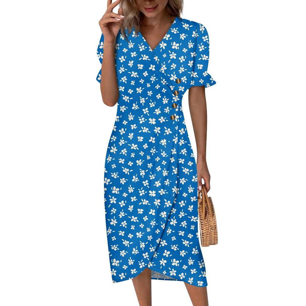 Women's V-neck Puff Sleeve Irregular Flower Print Hem Dress