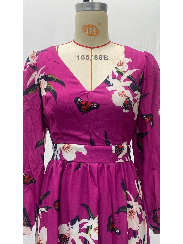 2025 Summer Women's V-Neck Long-Sleeved Printed Swing Dress