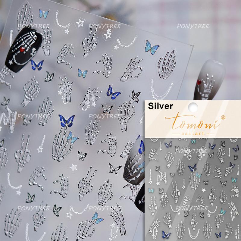 Punk Silver Metal Line Star Flower Love Colorful Butterfly Nail Art Stickers Horror Halloween Decorations Manicure Decals