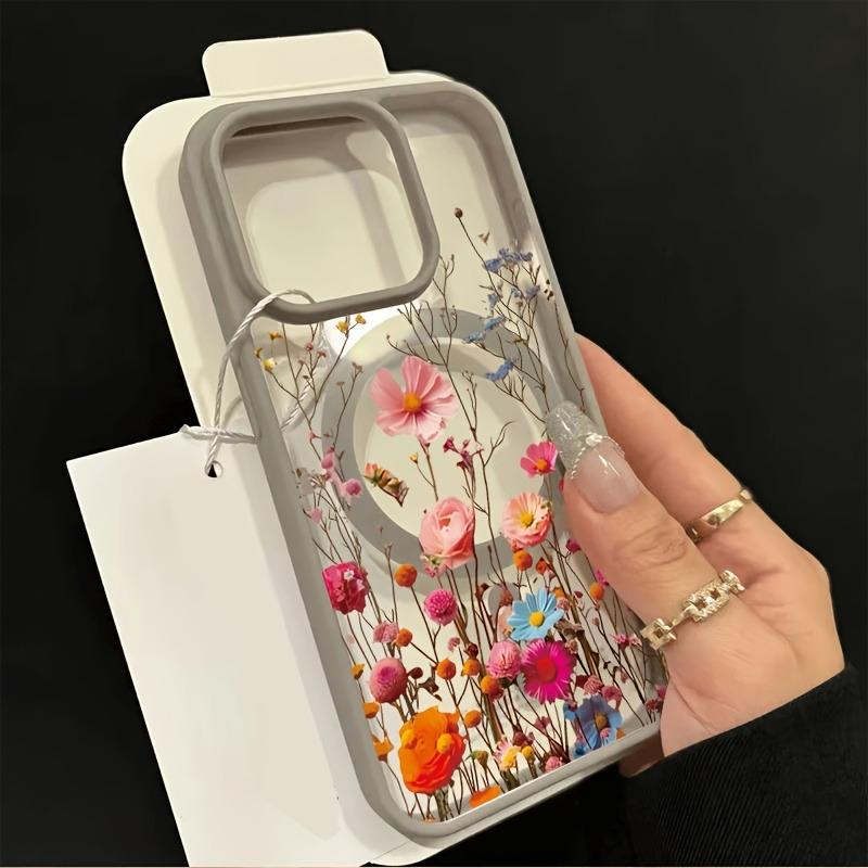 

Colorful Floral Wireless Charging and Magnetic Clear Phone Case For iPhone 17 Pro Max 16 Plus 15 14 13 12 11 16E 17 Air 17 Cover iPhone 15 серый