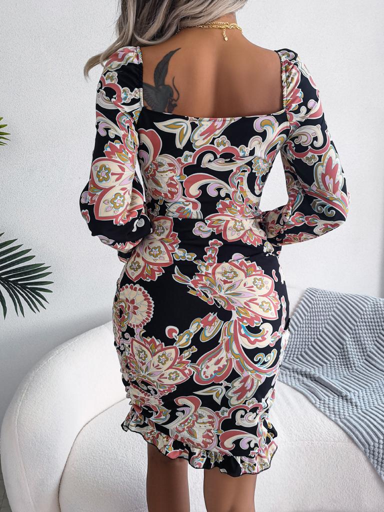 Women's New High Waisted Sexy Dress In Autumn  Long Sleeved Short Skirts  Printing Temperament Bag Hip Dress