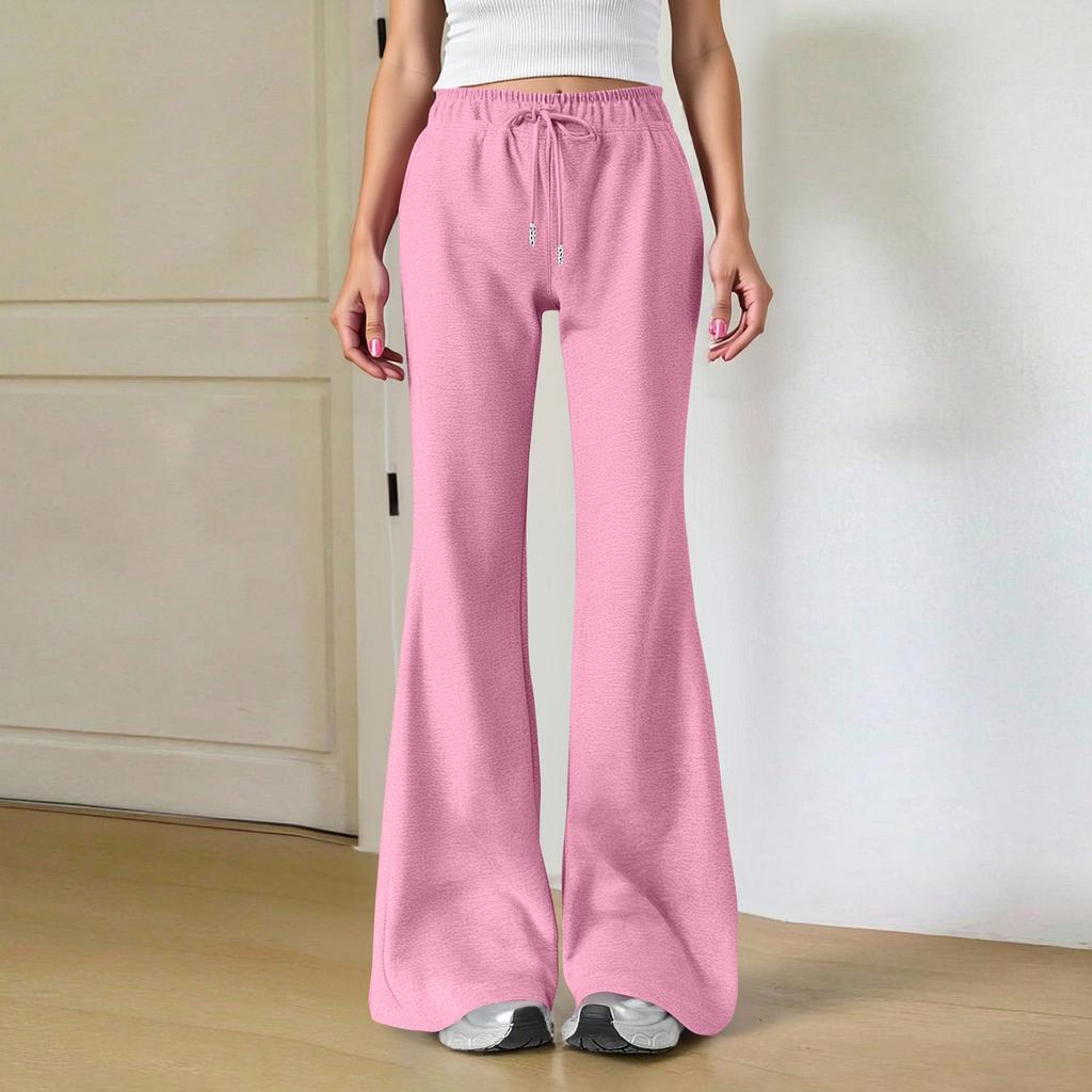 Ladies Fashion Loose Draw String Waist Solid Color Cargo Pants Leisure Flares