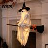 Playful Ghost Face Decoration Halloween Hanging Outdoor Decoration, Spooky LED Light Up Witch Warm Yellow Decor on Broom for Home, Tree, Porch, Patio,