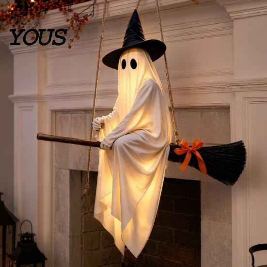 Playful Ghost Face Decoration Halloween Hanging Outdoor Decoration, Spooky LED Light Up Witch Warm Yellow Decor on Broom for Home, Tree, Porch, Patio,