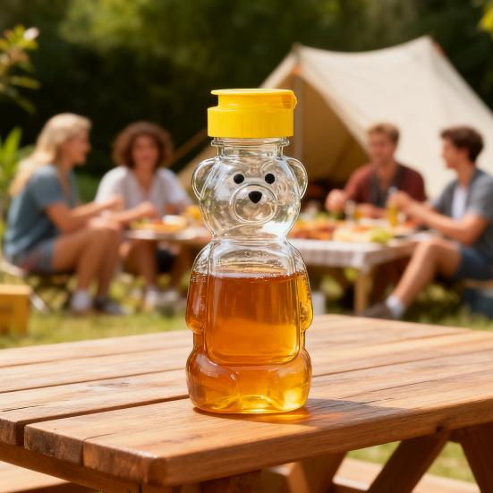 240ml Plastic Bear Honey Bottle Jars Empty Honey Squeeze Container with Flip-lid Reusable Bear Shaped Juice Bottle for Syrup Sauce Storing Dispensing