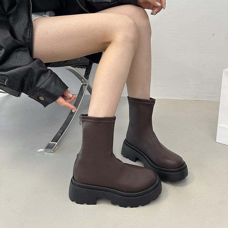 

Женские ботильоны на толстой подошве, эластичные ботинки 2025 осень, новые тонкие ботинки, универсальные и стройнящие ботинки-чулки, маленькие ботинки Мартин 40 коричневый