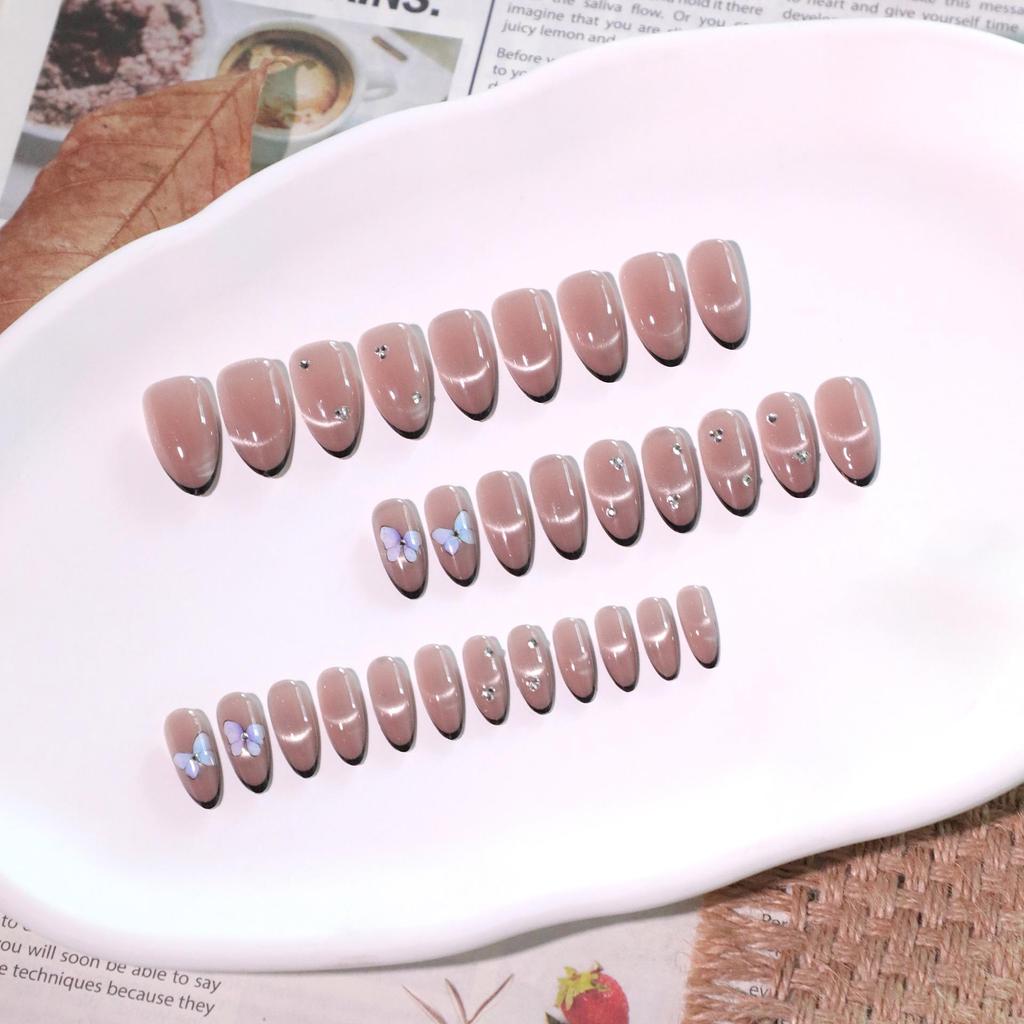 French Black Cat Eye Press-On Nails, Short Almond Shape with Butterfly Rhinestones for Autumn/Winter