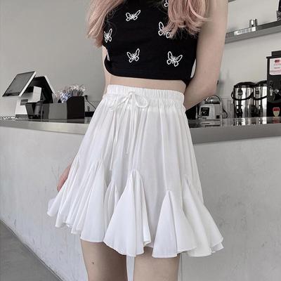 White Bandage Pleated Skirt for Women Summer High Waist A-Line Mini Skirt Puffy Ruffle Slim Cute Clothes Female Vintage