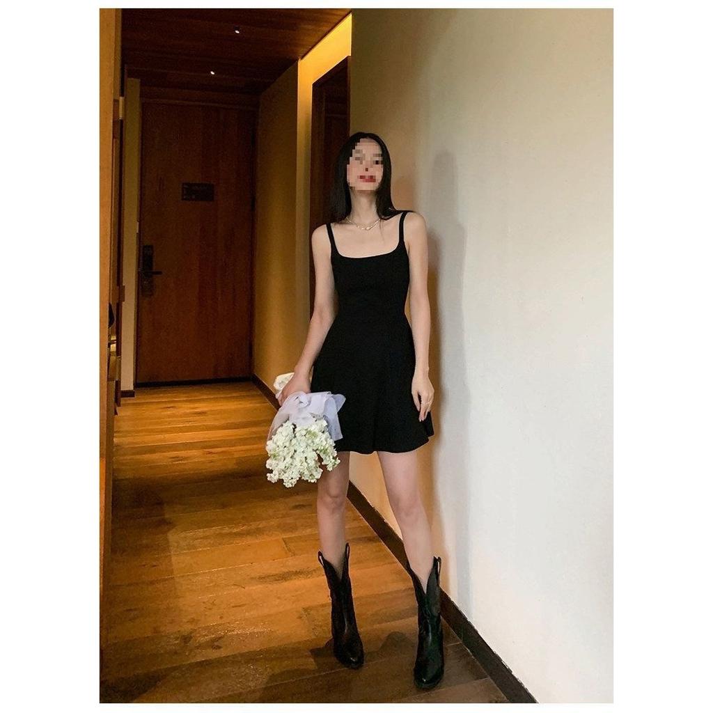 Black suspender dress women's summer new splicing high-end temperament waist skirt a-word short skirt