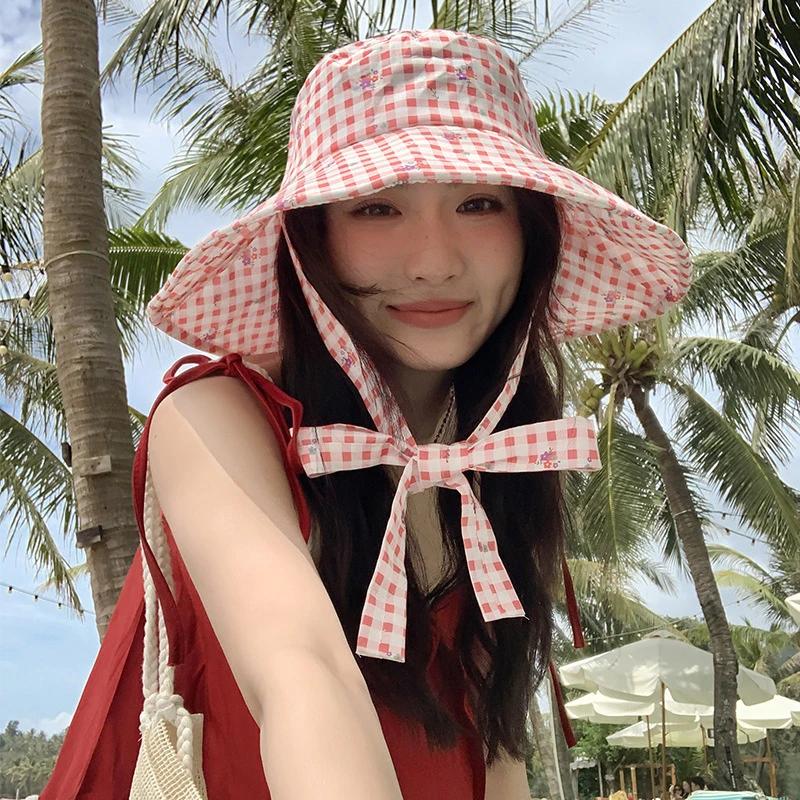 Double-sided Plaid Wide-edged Lace-up Bucket Hat Summer Outdoor Versatile Sunscreen Sweet Contrasting Color Plaid Women's Caps