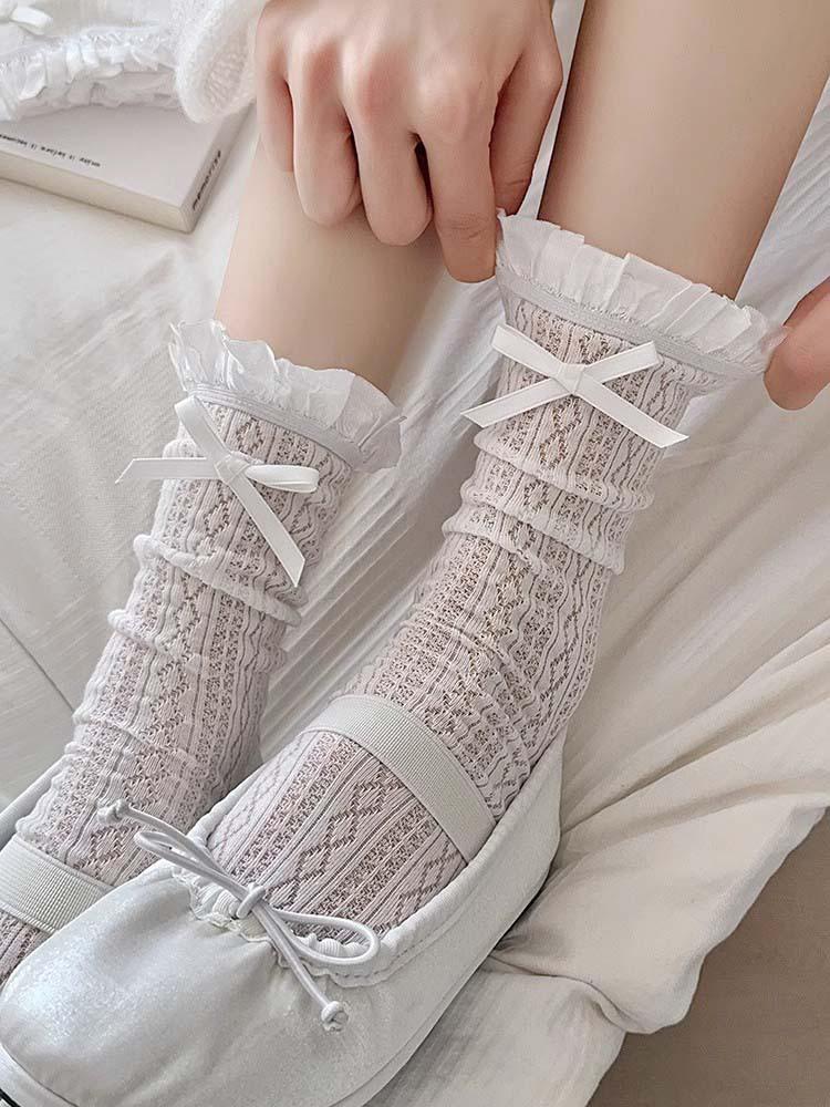 Lolita Lace Frill Mid-Calf Socks with Bow Ribbon - White Ballet Style JK Knee-Highs for Spring & Autumn