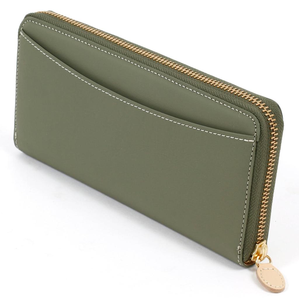 Kitamura Leather Long Wallet with a Unique Texture, KhakiIvory Stitching, PH0538, Green, 33915