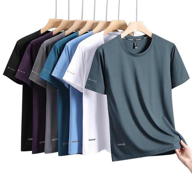 8XL Large Sizes Summer Men's Ice Silk Quick Dry Athletic Short Sleeves T-Shirts Running Workout Shirts Stretch Casual Breathable Crew Neck Top Tee
