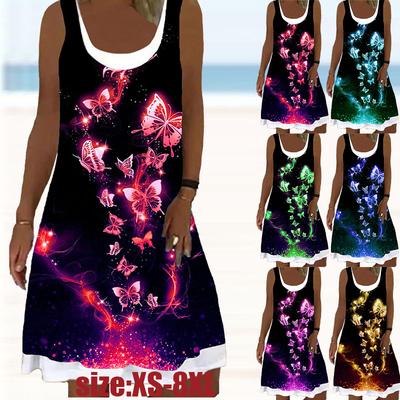 Abito da donna con scollo rotondo senza maniche stampato a farfalla blu in due pezzi finto floreale Abito ampio morbido e confortevole taglie forti