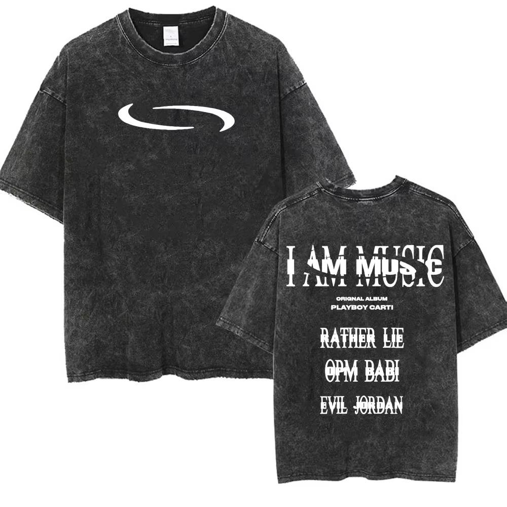 Retro Washed Playboi Carti I AM MUSIC Logo T Shirt Opium Ken Carson Narcissist Tour Antagonist Rap T-shirts Men's Tees