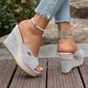 Modische gewebte Keilsandalen für Damen im Frühling und Sommer, Vielseitige Slip-On Schuhe mit dicker Sohle, Schöne Peeptoe-Schuhe mit Schnallenverzierung