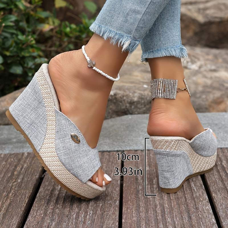Modische gewebte Keilsandalen für Damen im Frühling und Sommer, Vielseitige Slip-On Schuhe mit dicker Sohle, Schöne Peeptoe-Schuhe mit Schnallenverzierung