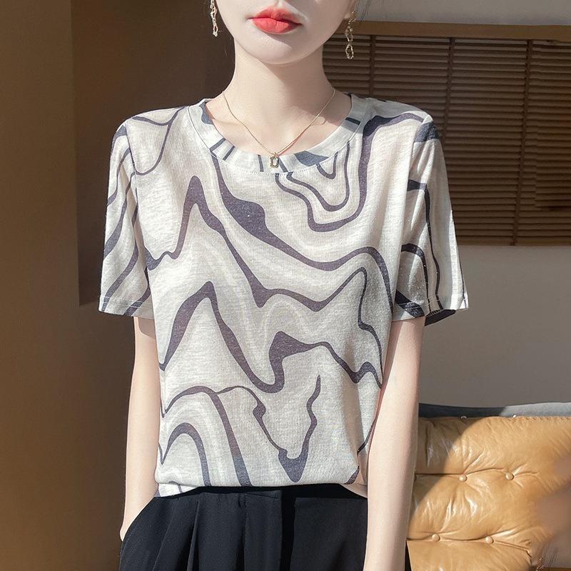 Women's New Summer Tie-dye Ink Painting Short-sleeved Casual Versatile Thin Positive Shoulder Round Neck T-shirt