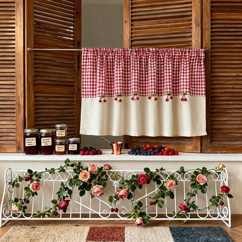 1 STuks Japanse en Koreaanse Klassieke Geruite Cafe Gordijn Rode Kers Decor Half Verduisterend Kort Gordijn Voor Woonkamer Slaapkamer Keuken W100 x H60cm 1Piece&Special Rod Pocket