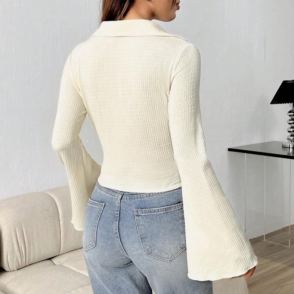 Damenmode Einreihiges Lässiges Glockenärmel Revers Oberteil