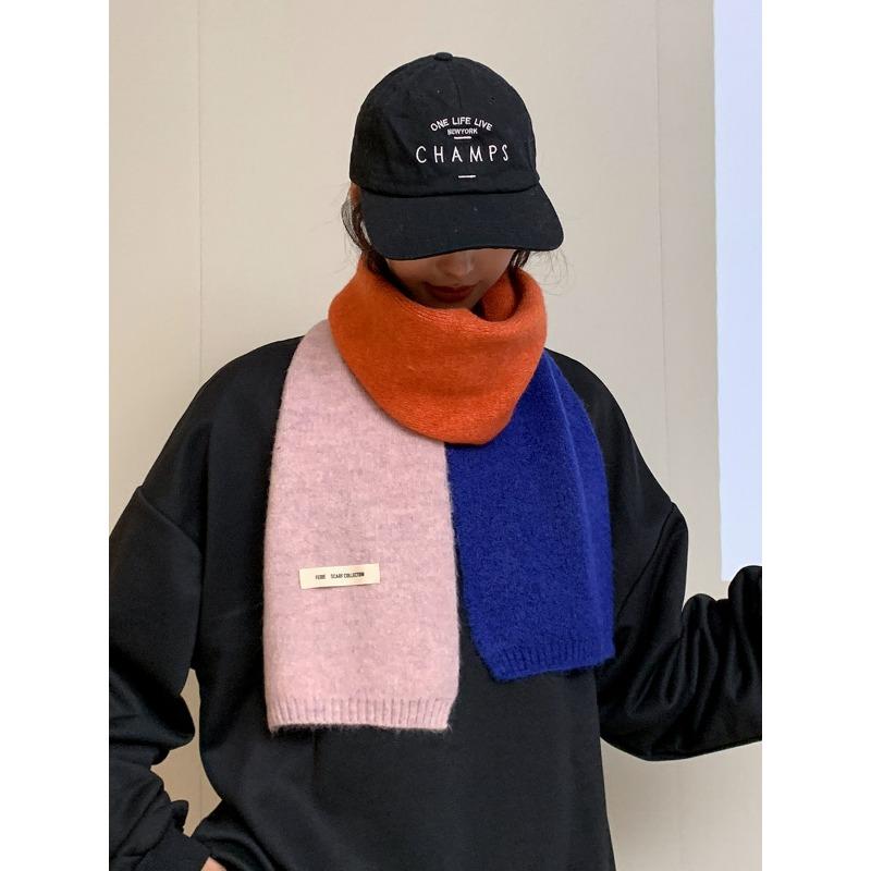 

Autumn and winter splicing color matching plaid long thickened versatile warm scarf female scarf couple student solid color 150*20cm