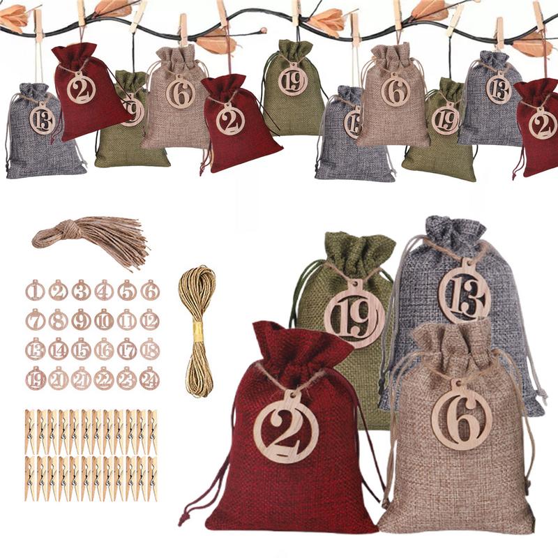 

24pcs 2025 DIYs Numbers Bag Christmas Advent Calendar Ornament Christmas Gift Bags Calendar Countdown Bag Fill Yourself 24pcs