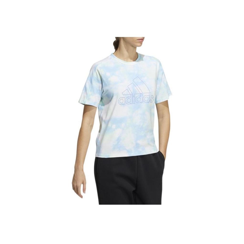 Adidas Tricou cu gât rotund și logo Tie-Dye pentru femei, topuri albastre HF2488
