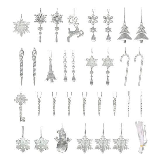 32 Pcs Christmas Ornaments Acrylic Hanging Decor Set with Snowflakes Deer Snowman Icicles Candy