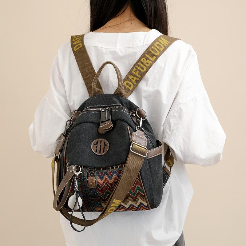 Advanced Denim Ethnic Style Embroidered Backpack for Women, New Color Blocking Large Capacity Backpack, Multi-purpose Crossbody Bag