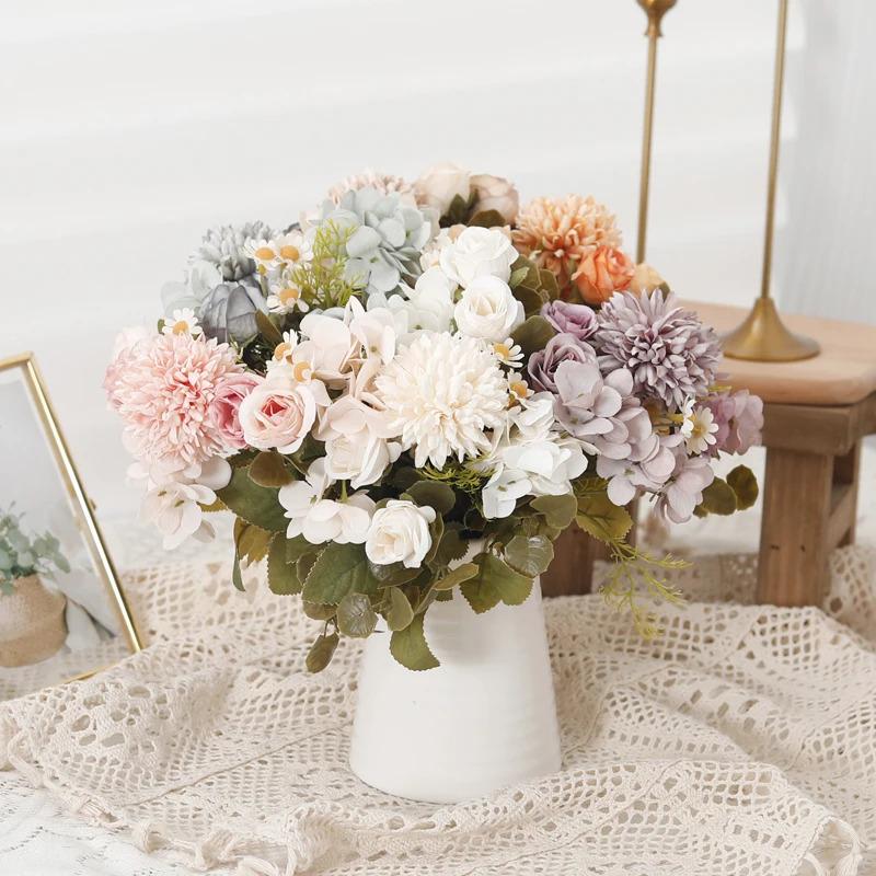 Delicate Silk Rose Tea Bud Sunflower Christmas Wedding Decoration Home Valentine's Day Dandelion Hydrangea Artificial Flowers