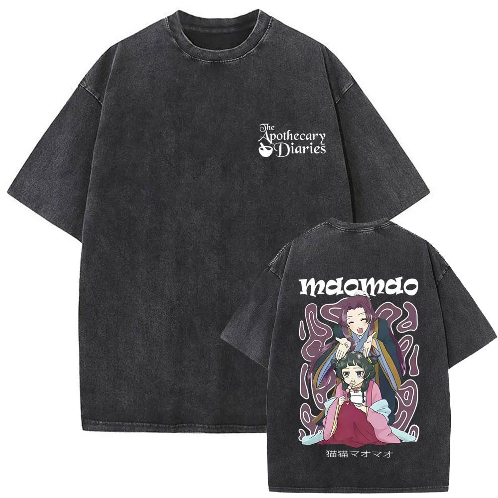 Gewaschenes Vintage Japanischer Anime The Apothecary Diaries Maomao Doppelseitiger Druck T-Shirt Herren Damen Freizeit Kawaii Lustige T-Shirts