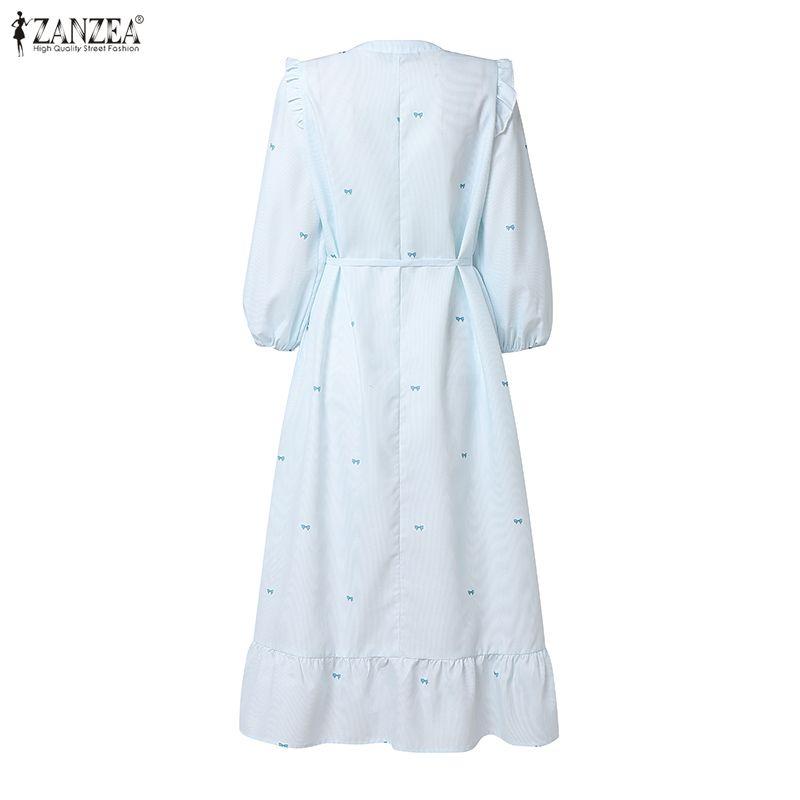 ZANZEA Damen Freizeit Rundhals 3/4 Ärmel Locker Gestreiftes Kleid