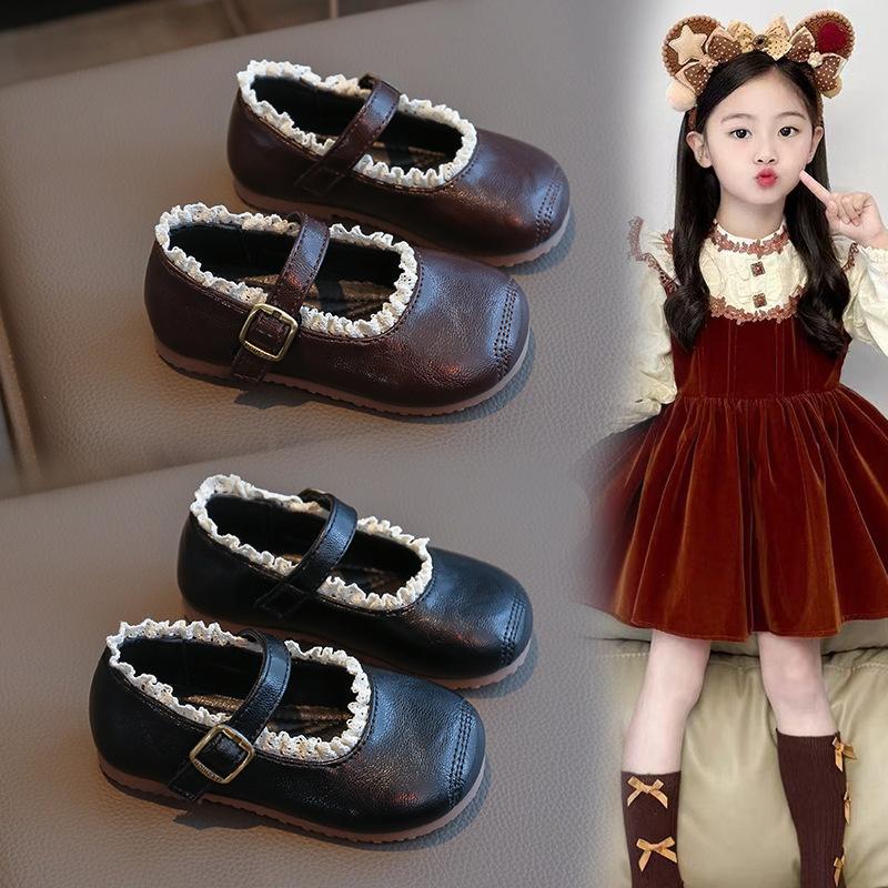 New Children's Flats Simple Lolita Girls Princess Leather Shoes Walking Versatile Sweet Pleated Kids Causal Fashion Shoes