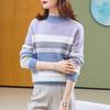 TUHUANG Women's Retro Striped Color Block Thickened Pure Wool Semi-High Neck Sweater