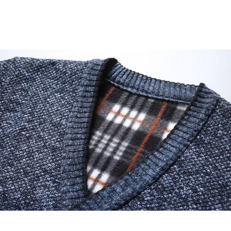 Men's New Winter Fleece Lined V-Neck Knit Cardigan, Young Adult Casual Long Sleeve Sweater Outerwear