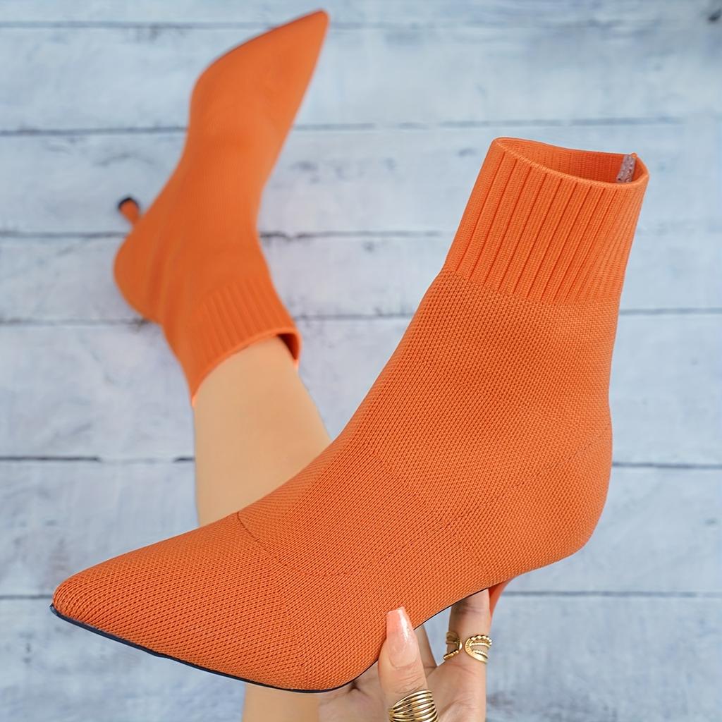 Women's Autumn Pointed Toe High-Heel Sock Boots - Stretchy Knit Ankle Boots, Korean Style Slim Fit Booties with Chunky Heel for Fall & Winter