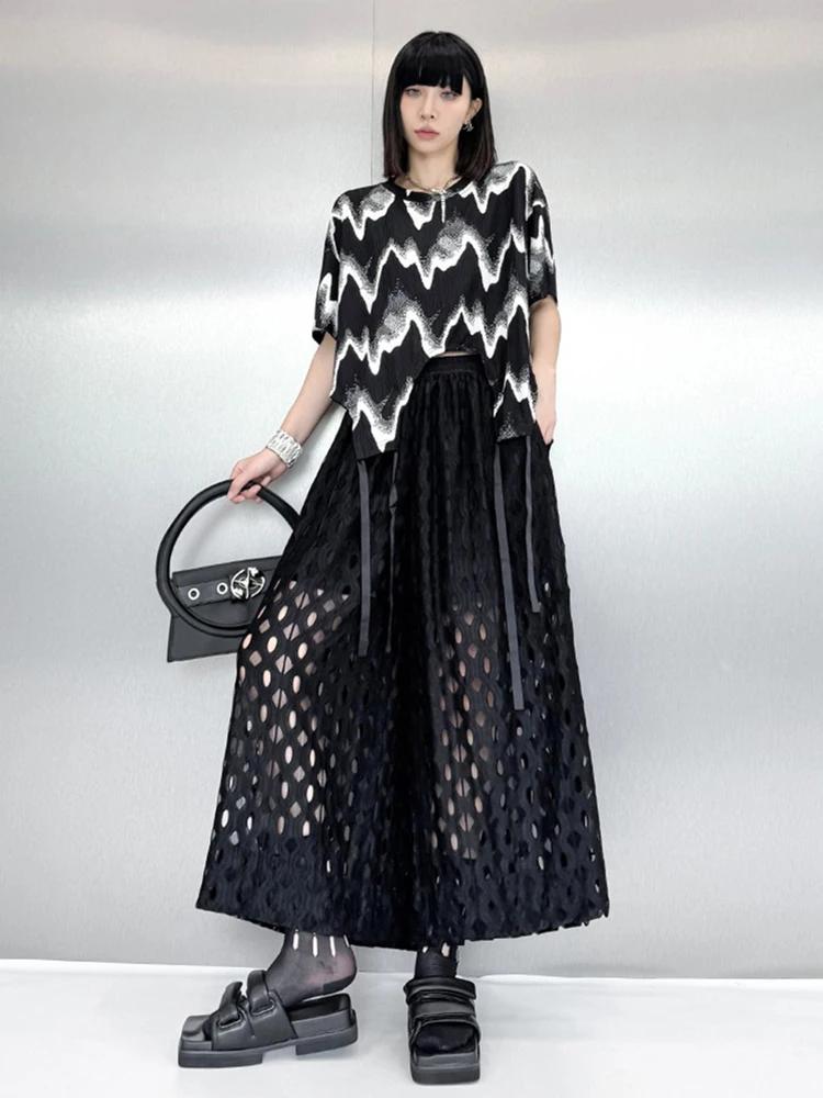 Women's Summer Wide-Leg Pants Elastic Waist Hollow Out Pants