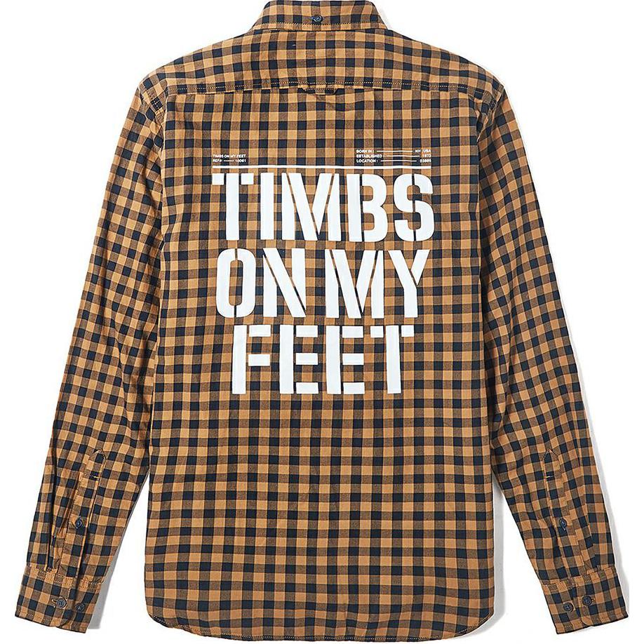 Timberland Plaid Logo Print Outdoor Sports Loose Breathable Polo Long Sleeve Shirt Men shirts Yellow A29N8-P50