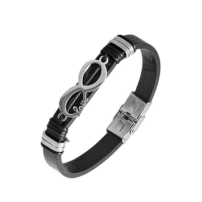 OPK Men's Trendy Leather Bracelet with Stainless Steel Infinity Design