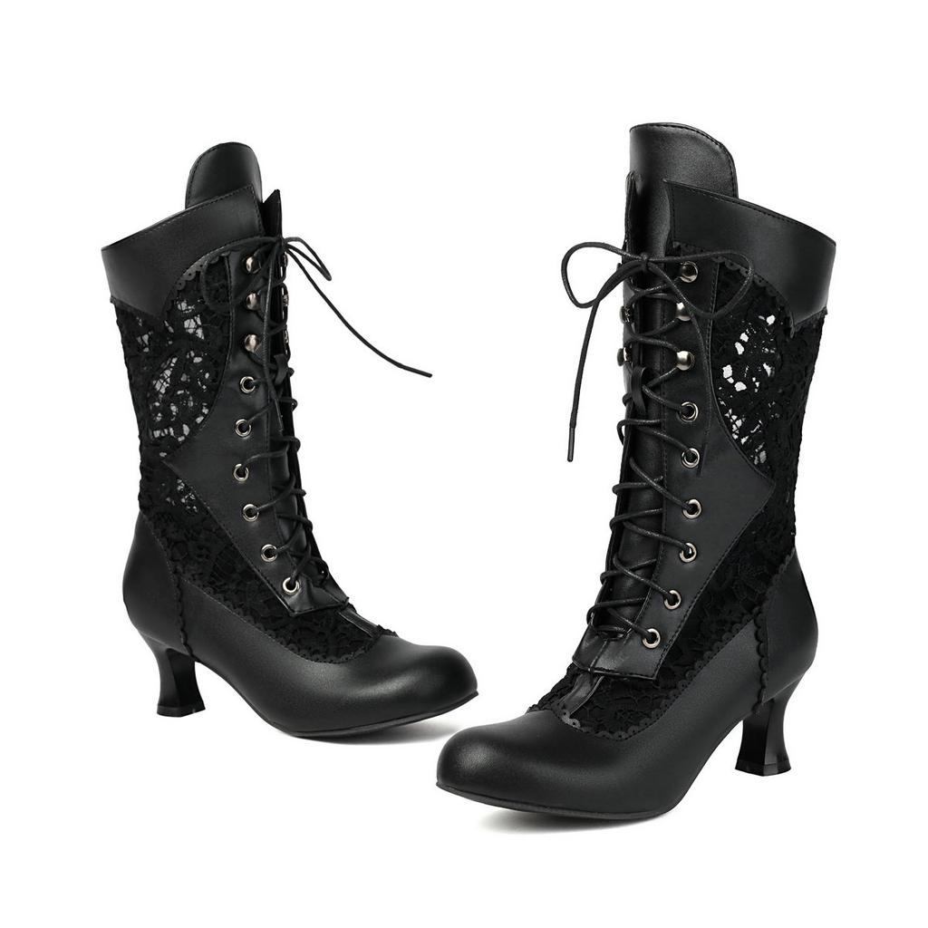 Höst Vinter Vintage Kvinnor Viktorianska Stövlar Snörning Hög Klack Ankelstövlett Volang Kant Lolita Prinsessa Cosplay Teparty Kostymskor