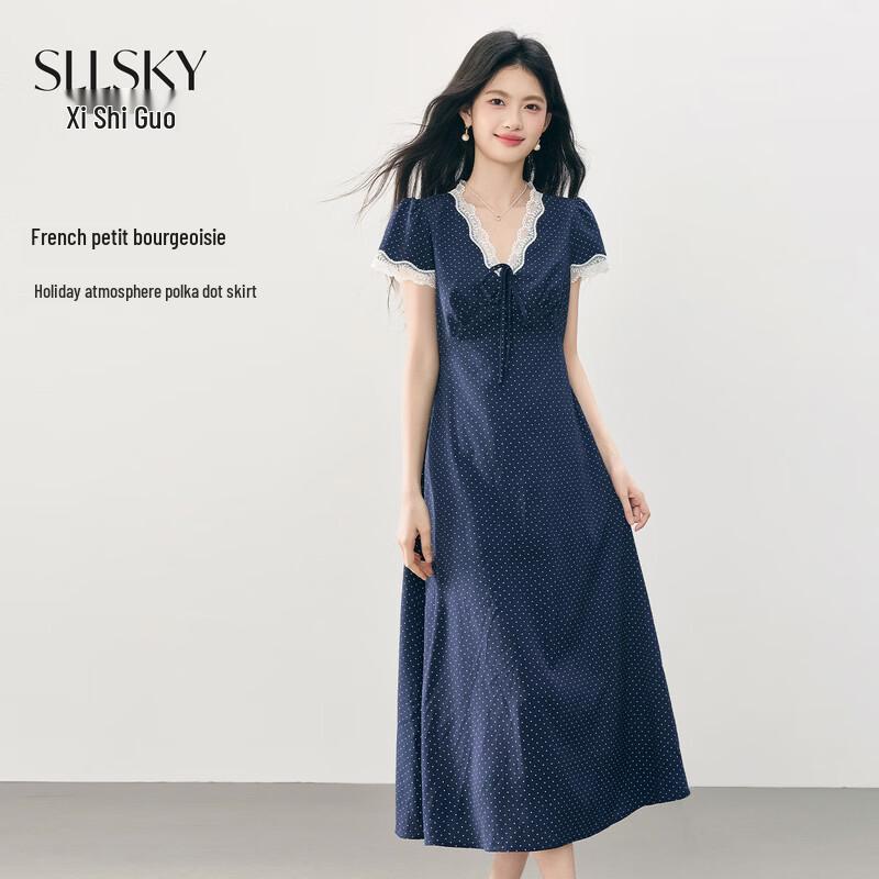 SLLSKY French Retro Navy Polka Dot V-Neck Dress M