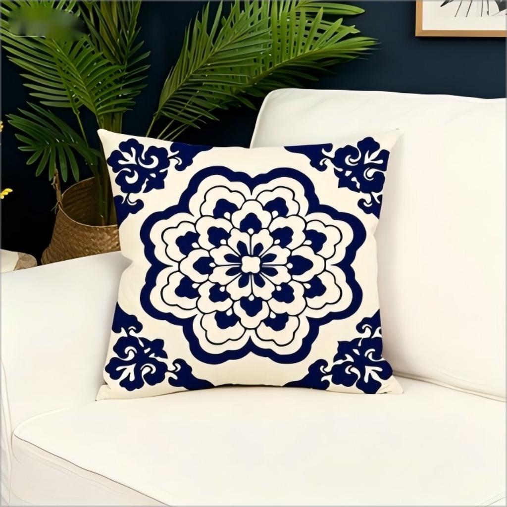 Blue White Mandala Floral Pillow Cover Chinoiserie Style Decorative Cushion Case For Sofa Couch Bedroom Living Room