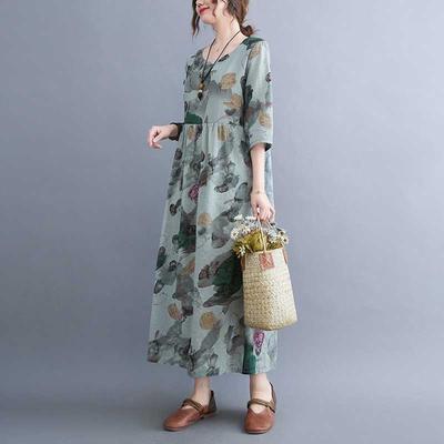 Robe ample et amincissante en coton et lin pour femme, grande taille, col rond, manches cinq points, effet rajeunissant