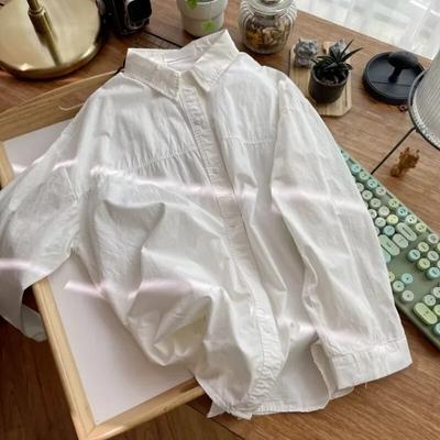 Sonbahar Moda Düğme Gömlek Pamuk Bluz Kadın Üstleri Basit Düz Renk Turn Down Yaka Gömlek Rahat Gevşek Giysiler Blusas 29618