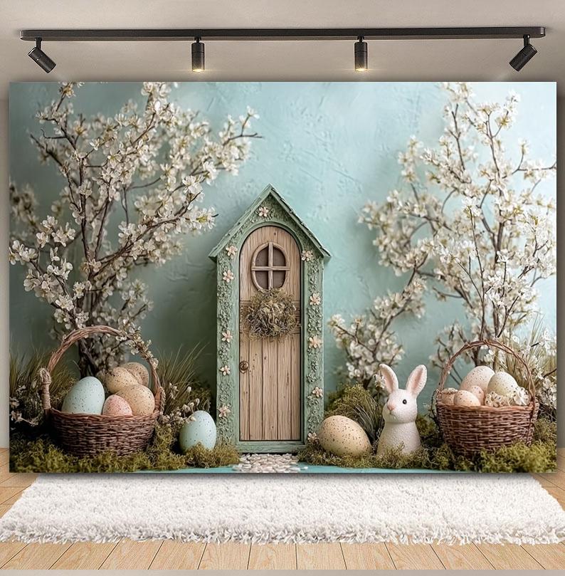 Spring Easter Photography Background Wood House Rabbit Eggs White Flower Kid Birthday Portrait Family Party Decor Photo Backdrop