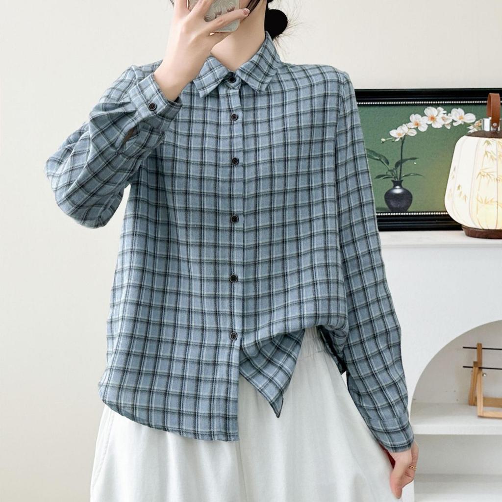 Women's 2026 Early Spring Brushed Cotton Plaid Shirt - Korean Retro Hong Kong Style, Long Sleeve, Niche, Lazy Chic