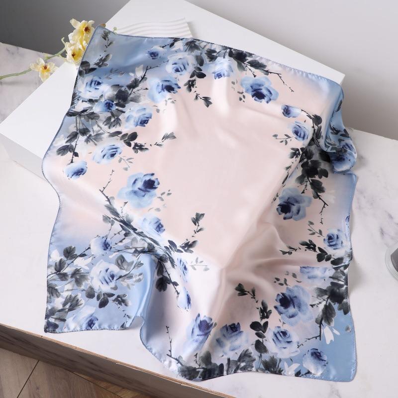 68cm Rosa Blau Blumenmuster Schal Damen Frühling und Sommer Neuer Imitationsseidenschal Frisches und Vielseitiges Kopftuch Schal